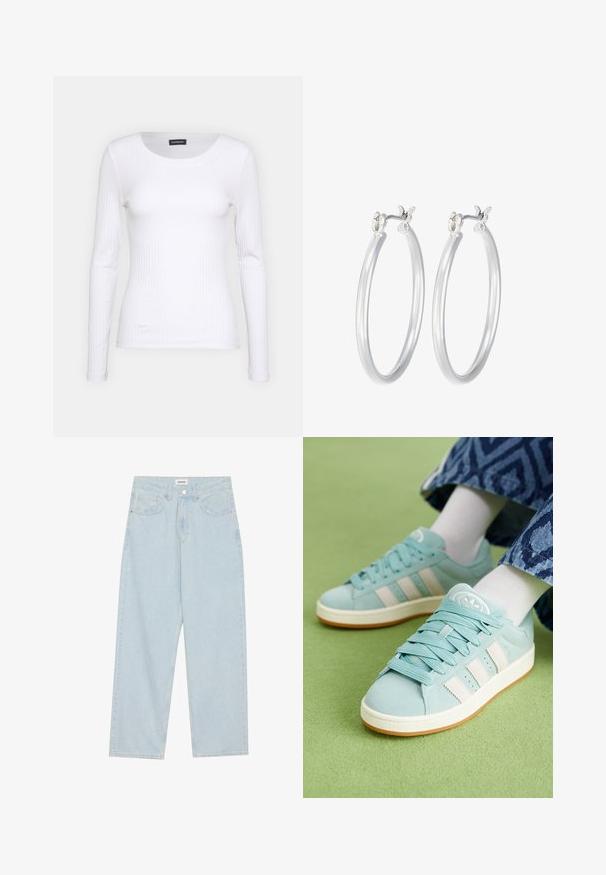 Top a maniche lunghe bianco con collo rotondo. Realizzato in un tessuto elasticizzato che si adatta al corpo. Presenta delle sottili righe orizzontali.; Jeans azzurri a gamba larga in denim, con vita media, cinque tasche e chiusura con bottone accompagnata da un sottile accento metallico.; Sneaker azzurri chiari con finitura scamosciata, caratterizzati da tre strisce bianche, lacci abbinati e suola in gomma. Accentuati da un logo sulla linguetta.; Orecchini a cerchio in argento con una finitura liscia e lucida. Forma rotonda e chiusura a scatto sicura. Design leggero adatto per l'uso quotidiano.
