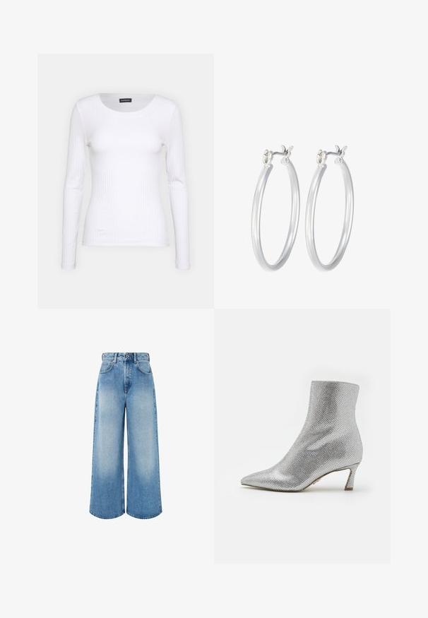 Valge soonikuline pikkade varrukatega pluus ümmarguse kaelusega. Valmistatud venivast kangast, mis kehale siledalt ümber läheb. Omab peeneid horisontaalseid jooni.; Heledad hall sinine jeanid, millel on kõrge vöökoht, nööpkinne, kerge kulumine ja puhtad äärised.; Hõbedane pahkluu saabas, millel on tekstuuriga, võrgu meenutav pind, terav nina ja madal, struktureeritud konts. Omab siledat sisepinda.; Hõbedased rõngaskõrvarõngad, millel on sile, läikiv viimistlus. Ümmargune kuju ja turvaline klõpsulatus. Kerge disain, sobib igapäevaseks kandmiseks.