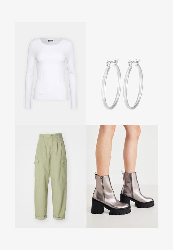 Valkoinen raidallinen pitkähihainen paita, jossa on pyöreä pääntie. Valmistettu stretch-kankaasta, joka myötäilee vartaloa. Sisältää hillittyjä vaakasuoria viivoja.; Vaaleanvihreät cargo-housut, jotka on valmistettu puuvillakankaasta. Omistaa korkean vyötärön, käännetyt hihnat ja kaksi sivu cargo-taskua lisäkäytännöllisyyttä varten.; Metalliset hopeiset nilkkurit paksulla mustalla pohjalla, sivuvetoketjulla ja tekstuurilla varustetulla pinnalla, joka tarjoaa pidon. Sileä pinnan viimeistely.; Hope-silver rengas, joissa on sileä ja kiillotettu pinta. Pyöreä muoto ja turvallinen napsautettava lukitus. Kevyt muotoilu sopii päivittäiseen käyttöön.