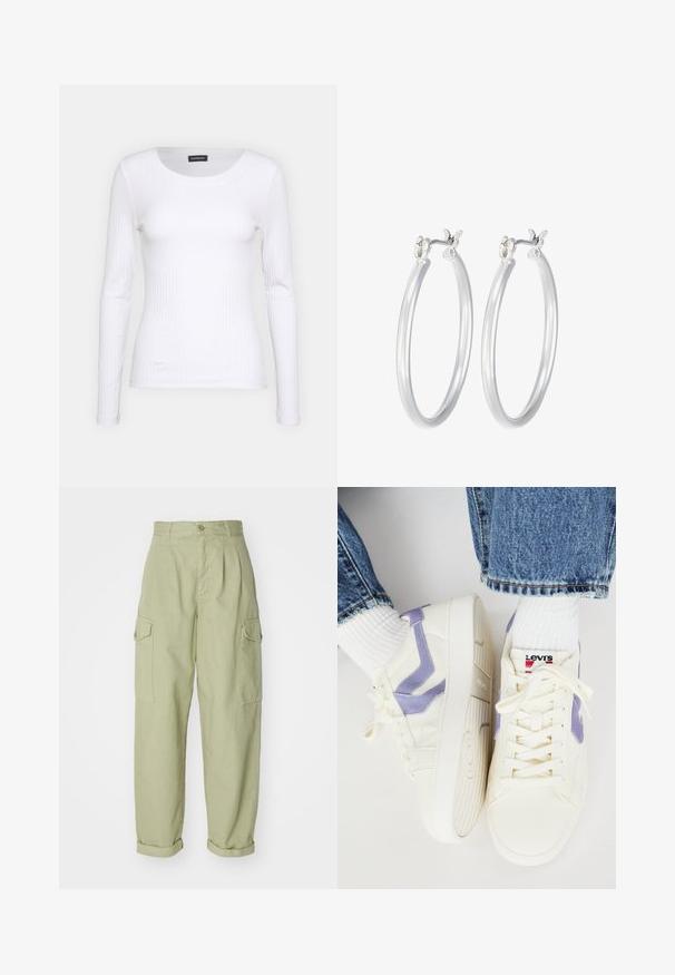 T-shirt à manches longues blanc côtelé avec un col rond. Fabriqué en un tissu extensible qui épouse le corps. Présente de fines lignes horizontales.; Pantalons cargo vert clair en tissu coton. Présentent une taille haute, des poignets roulés et deux poches cargo latérales pour plus de praticité.; Baskets blanches avec des accents lavande, en cuir texturé, et une languette rembourrée. Présente un design à lacets et des semelles en caoutchouc. Logo de la marque visible.; Boucles d'oreilles en argent avec une finition lisse et polie. Forme ronde et fermeture à clip sécurisée. Design léger adapté pour un port quotidien.