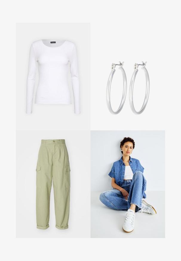 White ribbed long-sleeve top with a round neckline. Made from a stretchy fabric that hugs the body. Features subtle horizontal lines.; Light green cargo pants made from cotton fabric. Features a high waist, rolled cuffs, and two side cargo pockets for added utility.; Two-piece denim outfit featuring a light blue cropped shirt with short sleeves and high-waisted jeans. Paired with white sneakers.; Silver hoop earrings with a smooth, polished finish. Round shape and secure click-top closure. Lightweight design suitable for everyday wear.