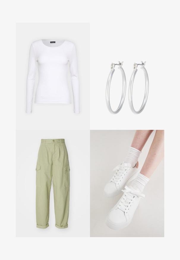 Balts ribots garām piedurknēm krekls ar apaļu kakla izgriezumu. Izgatavots no elastīga auduma, kas pieguļ ķermenim. Iezīmējas ar smalkām horizontālām līnijām.; Gaiši zaļas kravas bikses, izgatavotas no kokvilnas auduma. Tām ir augsts jostasvieta, sarullētas malas un divi sānu kravas kabatas papildu praktiskumam.; Baltie ādas sporta apavi izceļas ar apaļu purngali, plakanu zoli un biezām auklām. Aksentēti ar gaiši rozā papēdi un valkāti ar baltām ribinātām zeķēm.; Sudraba riņķveida auss gredzeni ar gludu, pulētu apdari. Apaļa forma un drošs klikšķa augšējais slēgums. Viegls dizains, kas piemērots ikdienas valkāšanai.