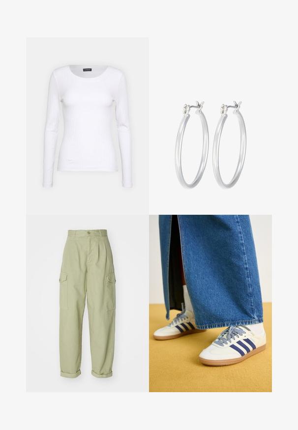 Valge soonikuline pikkade varrukatega pluus ümmarguse kaelusega. Valmistatud venivast kangast, mis kehale siledalt ümber läheb. Omab peeneid horisontaalseid jooni.; Heledad rohelised cargo püksid, valmistatud puuvillakangast. Omavad kõrget talje, volditud pahkluup, ja kahte külgpoket lisafunktsionaalsuse jaoks.; adidas Originals SAMBA OG - Tossud - off-white/dark blue/clear sky; Hõbedased rõngaskõrvarõngad, millel on sile, läikiv viimistlus. Ümmargune kuju ja turvaline klõpsulatus. Kerge disain, sobib igapäevaseks kandmiseks.