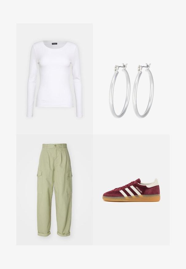 Witte geribbelde langemouwen top met een ronde halslijn. Gemaakt van een rekbare stof die het lichaam volgt. Heeft subtiele horizontale lijnen.; Lichtgroene cargobroek gemaakt van katoen. Heeft een hoge taille, opgerolde mouwen en twee zijvakken voor extra functionaliteit.; adidas Originals HANDBALL SPEZIAL - Sneakers laag - shadow red/off white; Zilveren oorbellen in de vorm van een gladde, gepolijste ring. Ronde vorm met een veilige kliksluiting. Lichtgewicht ontwerp, geschikt voor dagelijks gebruik.