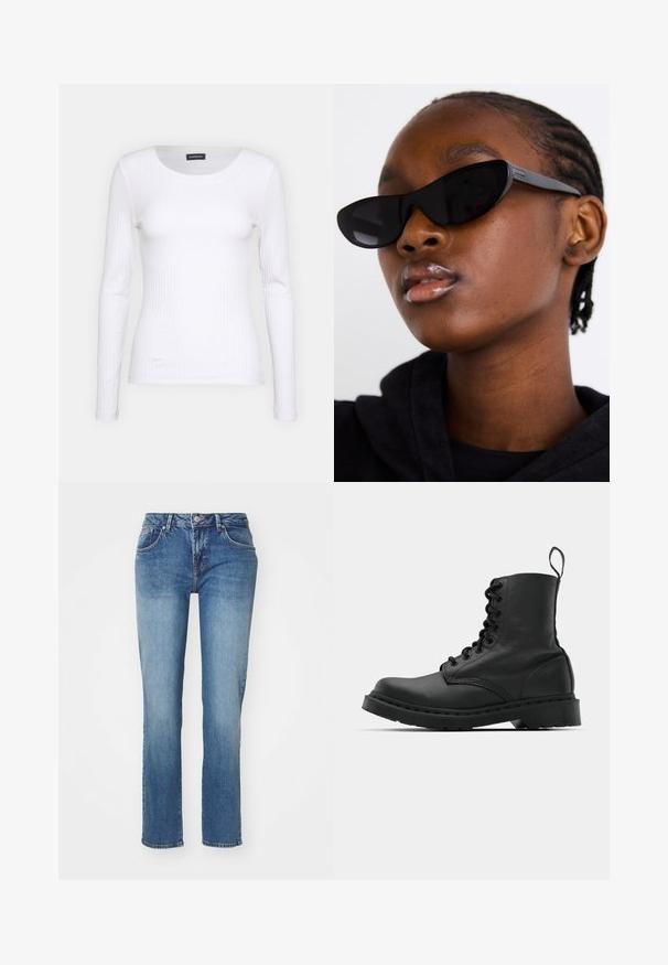 Valge soonikuline pikkade varrukatega pluus ümmarguse kaelusega. Valmistatud venivast kangast, mis kehale siledalt ümber läheb. Omab peeneid horisontaalseid jooni.; Sinine denimist teksapüksid otse lõikega, millel on klassikaline viie-tasku disain ja kergelt kulunud viimistlus. Tootega kaasnevad nupuga ja tõmblukuga sulguv detail.; Mustad mustavi combat kingad ümmarguse varbaga, paeltega esiosa ja säärel tõmbeaas. Omab paksu kummist tallat, mis tagab vastupidavuse.; Must musta silmad eest vaatavad mustad prillid, millel on matt viimistlus, elegantne disain ja õrnalt kõverad servad, mudeli tumeda riietuse taustal.; Hõbedased rõngaskõrvarõngad, millel on sile, läikiv viimistlus. Ümmargune kuju ja turvaline klõpsulatus. Kerge disain, sobib igapäevaseks kandmiseks.