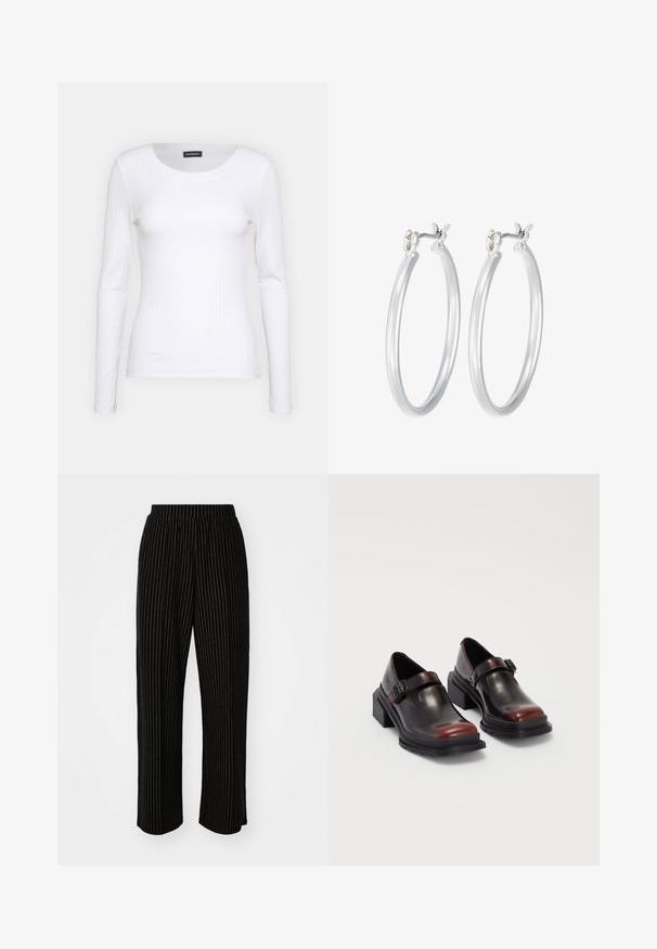 Bílé žebrované tričko s dlouhým rukávem a kulatým výstřihem. Vyrobeno z elastické tkaniny, která obepíná tělo. Obsahuje jemné horizontální pruhy.; Černé široké kalhoty s bílými svislými pruhy, které mají elastický pas pro pohodlí a jemnou, hladkou texturu.; Kožené boty na blokovém podpatku s lesklým tmavě burgundským povrchem, vybavené páskem na přezku a designem s kulatou špičkou. Texturovaná podrážka pro lepší přilnavost.; Stříbrné kruhové náušnice s hladkým, lesklým povrchem. Kulatý tvar a bezpečné zapínání na klip. Lehký design vhodný pro každodenní nošení.