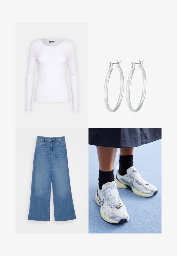 Bijela rebrasta dugosveđa majica s okruglim izrezom. Izrađena od rastezljivog materijala koji se prilagođava tijelu. Sadrži suptilne horizontalne linije.; FRAME PALAZZO RAW FRAY - Široke nogavice - clearwater; Bijele i srebrne Nike tenisice od mrežaste tkanine, s reflektirajućim detaljima i bež potplatom. Nosi se s crnim čarapama, stojeći na plavoj površini.; Srebrne kružne naušnice s glatkom, poliranom površinom. Okrugli oblik i sigurno kopčanje na klik. Lagani dizajn pogodan za svakodnevno nošenje.