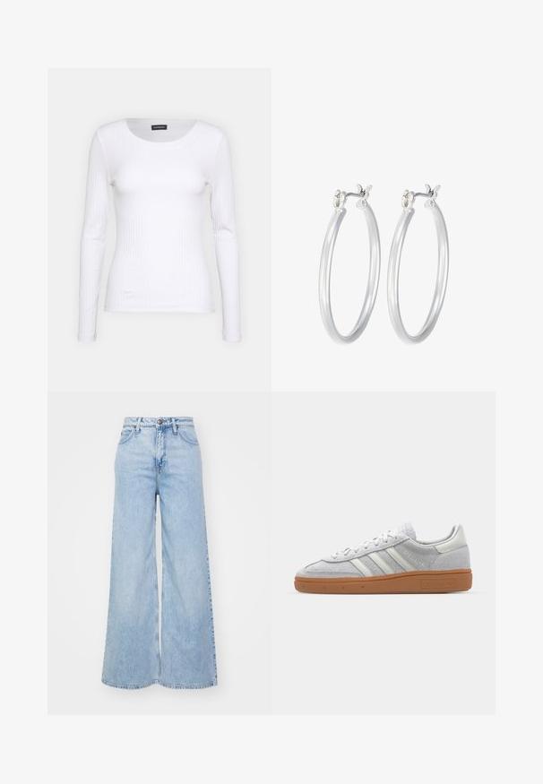Bela rebrasta majica z dolgimi rokavi in okruglim izrezom. Narejena iz elastičnega materiala, ki se prilega telesu. Značilen je diskreten horizontalni potisk.; Svijetloplave široke traperice u denim materijalu, s visokim strukom, zatvaranjem na dugme i suptilnim izbljeđivanjem. Rubovi su obrađeni.; Svjetlo sivi suedesni sportski cipeli s bijelim kožnim naglascima, tri bijele pruge i smeđi gumeni potplat, s podstavljenim ovratnikom za udobnost.; Srebrni obroči za ušesa z gladko, polirano površino. Okrogla oblika in varna zaponka s klikom. Lahka zasnova, primerna za vsakodnevno nošenje.