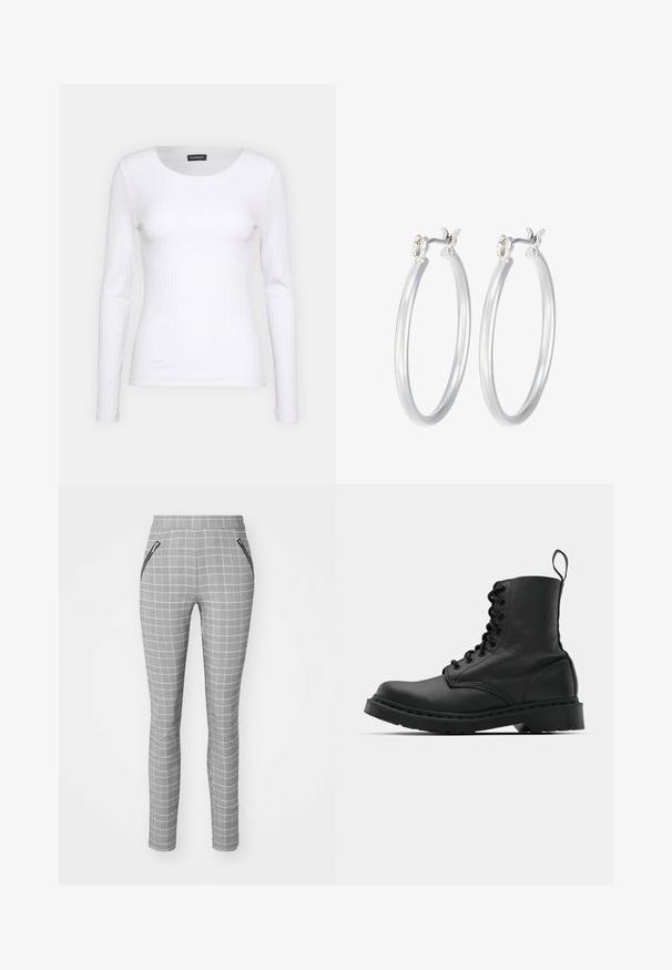 Weißes geripptes Langarmoberteil mit Rundhalsausschnitt. Aus einem dehnbaren Stoff gefertigt, der den Körper umschmeichelt. Verfügt über dezente horizontale Streifen.; Graue Karohosen mit schmaler Passform, hoher Taille und seitlichen Reißverschlusstaschen. Der Stoff hat eine glatte Textur und ein detailliertes Muster.; Schwarzer Lederkampfstiefel mit runder Zehenpartie, Schnürung vorne und einer Zuglasche am Knöchel. Verfügt über eine dicke Gummisohle für Langlebigkeit.; Silberne Creolen mit einer glatten, polierten Oberfläche. Runder Form und sicherem Klickverschluss. Leichtes Design, geeignet für den täglichen Gebrauch.