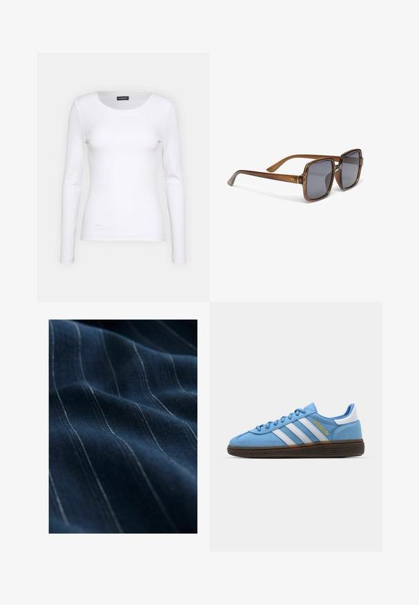 Bela rebrasta majica z dolgimi rokavi in okruglim izrezom. Narejena iz elastičnega materiala, ki se prilega telesu. Značilen je diskreten horizontalni potisk.; Mornar zeleni material z drobnimi belimi vertikalnimi črtami, ki prikazuje gladko teksturo in rahel sijaj, zložen, da poudari svoj padec in mehkobo.; Svetlo modri semiš športni čevlji z belimi usnjenimi črtami, rjavo teksturirano podplatom in zlatim logotipom. Nizki dizajn z zaobljenim konicami.; Svetlo rjavkaste kvadratne sončne očala s sivimi lečami, ki imajo prozoren okvir in elegantne, ukrivljene ročke z diskretnimi poudarki.; Rumena usnjena torbica polmesečnega oblike, gladke teksture, z odstranljivo naramnico in zadrgo. Opremljena z zlatimi dodatki.
