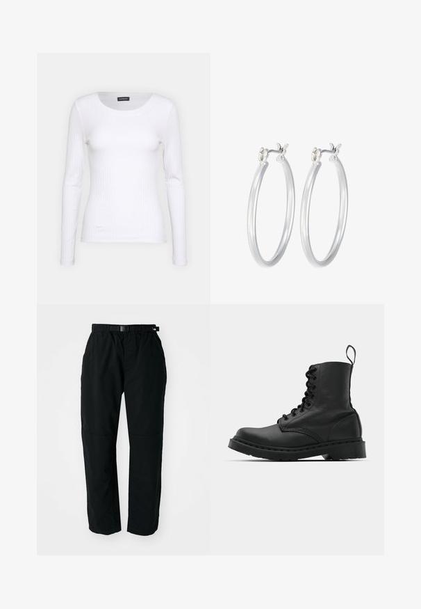 Witte geribbelde langemouwen top met een ronde halslijn. Gemaakt van een rekbare stof die het lichaam volgt. Heeft subtiele horizontale lijnen.; Zwarte lichtgewicht broek met een elastische tailleband en verstelbare riem. Kenmerkt zich door taps toelopende benen en versterkte knieën voor duurzaamheid.; Zwarte leren gevechtslaars met een ronde neus, vetersluiting aan de voorkant en een lusje bij de enkel. Kenmerkt zich door een dikke rubberen zool voor duurzaamheid.; Zilveren oorbellen in de vorm van een gladde, gepolijste ring. Ronde vorm met een veilige kliksluiting. Lichtgewicht ontwerp, geschikt voor dagelijks gebruik.