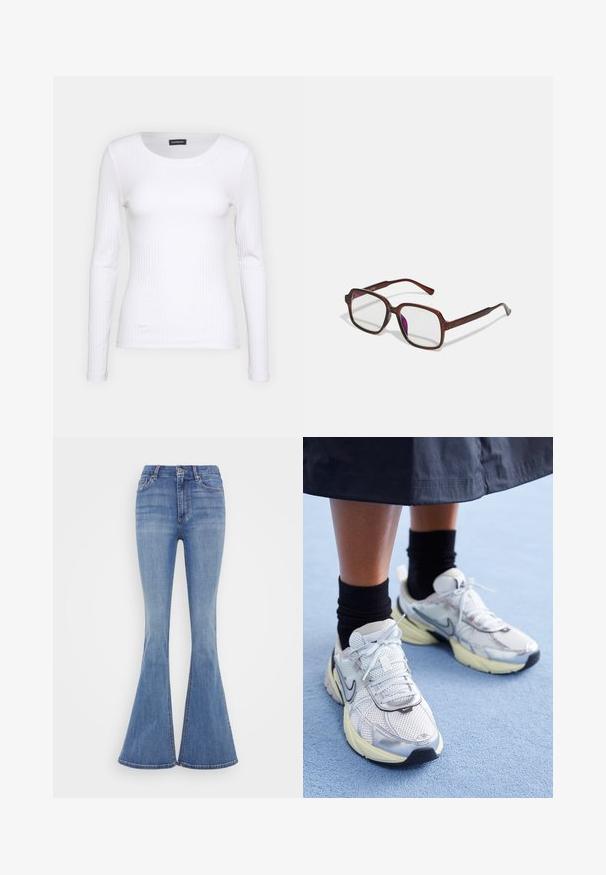 Balts ribots garām piedurknēm krekls ar apaļu kakla izgriezumu. Izgatavots no elastīga auduma, kas pieguļ ķermenim. Iezīmējas ar smalkām horizontālām līnijām.; Gaiši zili flared džinsi ar augstu jostasvietu, ar priekšējiem kabatām un tīru apdari platas apakšas daļā.; Baltie un sudraba Nike kedas ar tīkla audumu, atstarojošiem akcentiem un bēša zoli. Valkātas ar melnām zeķēm, stāvot uz zilas virsmas.; Brūnas, taisnstūra formas brillēs ar caurspīdīgām lēcām un purpura nokrāsām. Gluda plastmasas apdare ar taisnām tempļiem un smalkiem akcentiem.; Sudraba riņķveida auss gredzeni ar gludu, pulētu apdari. Apaļa forma un drošs klikšķa augšējais slēgums. Viegls dizains, kas piemērots ikdienas valkāšanai.