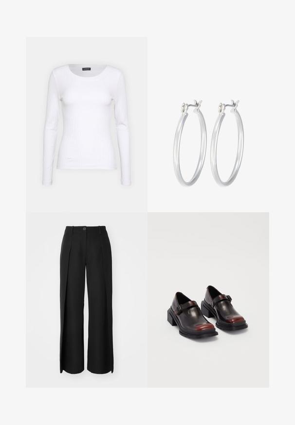 Balta, raukšlėta ilgarankovė palaidinė su apvalia iškirpte. Pagaminta iš elastingos medžiagos, kuri prisitaiko prie kūno. Pasipuošusi subtiliomis horizontaliosiomis linijomis.; Juodi plataus kojų kelnės, pagamintos iš lygaus audinio, turi priekinę raukšlę, vieną mygtuką uždarymui ir diržo kilpeles.; Odiniai blokiniai kulniukai su blizgiu tamsiai rudų vyno atspalviu, su sagties dirželiu ir apvalia nosimi. Tekstūruotas padas geresniam sukibimui.; Sidabriniai auskarai su sklandžiu, poliruotu paviršiumi. Apvalios formos ir saugus uždarymo mechanizmas. Lengvas dizainas, tinkantis kasdieniam dėvėjimui.