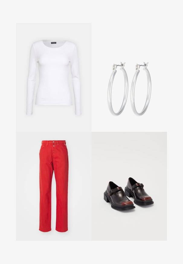 Top de manga larga blanco con cuello redondo. Fabricado en una tela elástica que se ajusta al cuerpo. Presenta sutiles líneas horizontales.; Pantalones de mezclilla rojos con un diseño de pierna recta, cintura alta, cierre de botón y cinco bolsillos. La tela presenta una textura suave sin patrones visibles.; Zapatos de piel con tacón bloque en un acabado burdeos oscuro brillante, con una tira de hebilla y diseño de punta redondeada. Suela texturizada para agarre.; Pendientes de aro de plata con un acabado liso y pulido. Forma redonda y cierre de click seguro. Diseño ligero adecuado para el uso diario.