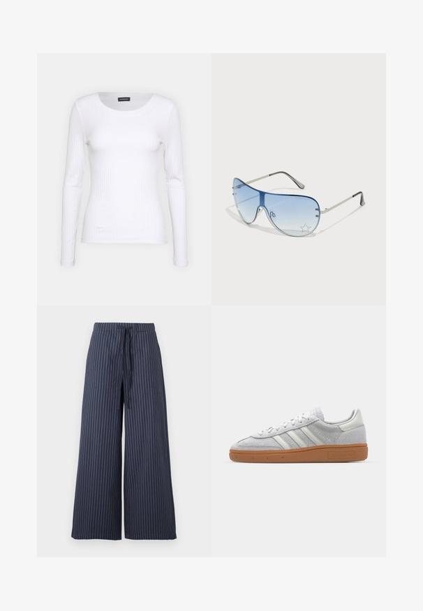 Balts ribots garām piedurknēm krekls ar apaļu kakla izgriezumu. Izgatavots no elastīga auduma, kas pieguļ ķermenim. Iezīmējas ar smalkām horizontālām līnijām.; Platas kājas bikses tumši zilā krāsā ar baltām vertikālām svītrām. Izgatavotas no viegla auduma, ar auklu viduklī un gludu tekstūru.; Gai pelēki zamšīgās kedas ar baltām ādas detaļām, trim baltām līnijām un brūnu gumijas zoli, ar mīkstinātu apkakli komforta nodrošināšanai.; Pilotstila saulesbrilles ar gradienta zilām lēcām, sudraba metāla rāmjiem un dekoratīvām zvaigžņu akcentiem uz lēcām. Gluda un eleganta dizaina.