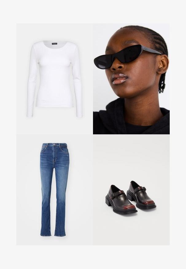 Top branco canelado de mangas longas com um decote redondo. Feito de um tecido elástico que se ajusta ao corpo. Apresenta linhas horizontais sutis.; Jeans de ganga de tom azul claro com um design de perna larga, apresentando um cós standard, cinco bolsos e um desbotamento subtil por todo o tecido.; Sapatos de tacão bloco em couro com acabamento brilhante em bordeaux escuro, apresentando uma tira com fivela e design de bico arredondado. Sola texturizada para melhor aderência.; Óculos de sol cat-eye pretos com acabamento mate, com um design elegante e bordas suavemente curvadas, colocados em contraste com a roupa escura de um modelo.