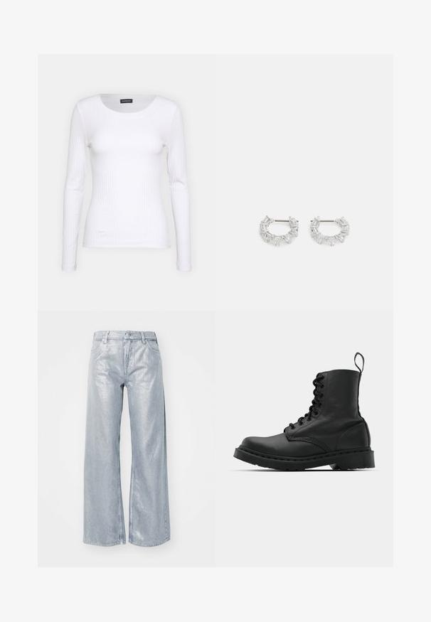 Biely rebrovaný top s dlhým rukávom a okrúhlym výstrihom. Vyrobený z pružného materiálu, ktorý obopína telo. Obsahuje jemné horizontálne pruhy.; Lesklé strieborné nohavice s širokými nohavicami a vysokým pásom, s piatimi vreckami a zipsom na zapínanie. Tkanina má hladký, metalický povrch.; Čierna kožená bojová topánka s okrúhlou špičkou, šnurovaním na prednej strane a pútkom pri členku. Má hrubú gumovú podrážku pre trvanlivosť.; Strieborné kruhové náušnice s jasnými, obdĺžnikovými a trojuholníkovými kryštálmi usporiadanými v vzorovom dizajne. Západky pre zabezpečenie upevnenia.