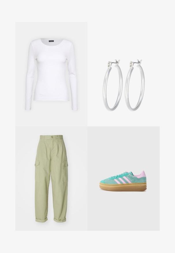 Witte geribbelde langemouwen top met een ronde halslijn. Gemaakt van een rekbare stof die het lichaam volgt. Heeft subtiele horizontale lijnen.; Lichtgroene cargobroek gemaakt van katoen. Heeft een hoge taille, opgerolde mouwen en twee zijvakken voor extra functionaliteit.; adidas Originals GAZELLE BOLD - Sneakers laag - powder teal/bliss lilac/pure teal; Zilveren oorbellen in de vorm van een gladde, gepolijste ring. Ronde vorm met een veilige kliksluiting. Lichtgewicht ontwerp, geschikt voor dagelijks gebruik.