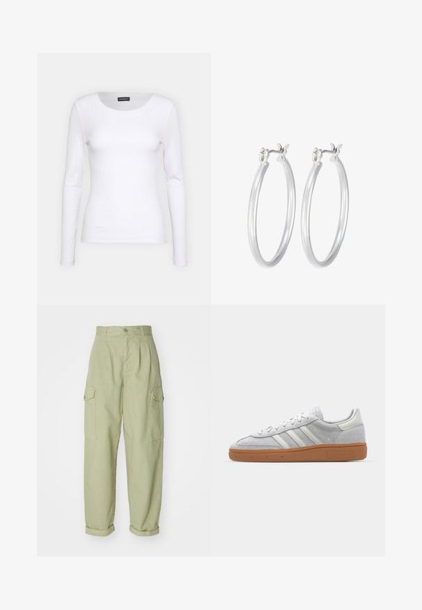 Bijela rebrasta dugosveđa majica s okruglim izrezom. Izrađena od rastezljivog materijala koji se prilagođava tijelu. Sadrži suptilne horizontalne linije.; Svijetlozelene cargo hlače od pamučne tkanine. Imaju visok struk, uvijene manžete i dva bočna cargo džepa za dodatnu praktičnost.; Svijetlosivi nubuk tenisice s bijelim kožnim detaljima, tri bijele pruge i smeđa gumena potplat, s podstavljenim ovratnikom radi udobnosti.; Srebrne kružne naušnice s glatkom, poliranom površinom. Okrugli oblik i sigurno kopčanje na klik. Lagani dizajn pogodan za svakodnevno nošenje.