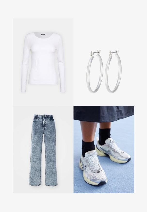 Bela rebrasta majica z dolgimi rokavi in okruglim izrezom. Narejena iz elastičnega materiala, ki se prilega telesu. Značilen je diskreten horizontalni potisk.; Modri kavbojke z širokim krojem, visokim pasom in subtilno izblušeno teksturo. Imajo pet žepov in zapiranje na gumb spredaj.; Bele in srebrne Nike teniske z mrežasto tkanino, refleksnimi poudarki in bež podplatom. Nosi se z črnimi nogavicami, stoji na modri površini.; Srebrni obroči za ušesa z gladko, polirano površino. Okrogla oblika in varna zaponka s klikom. Lahka zasnova, primerna za vsakodnevno nošenje.