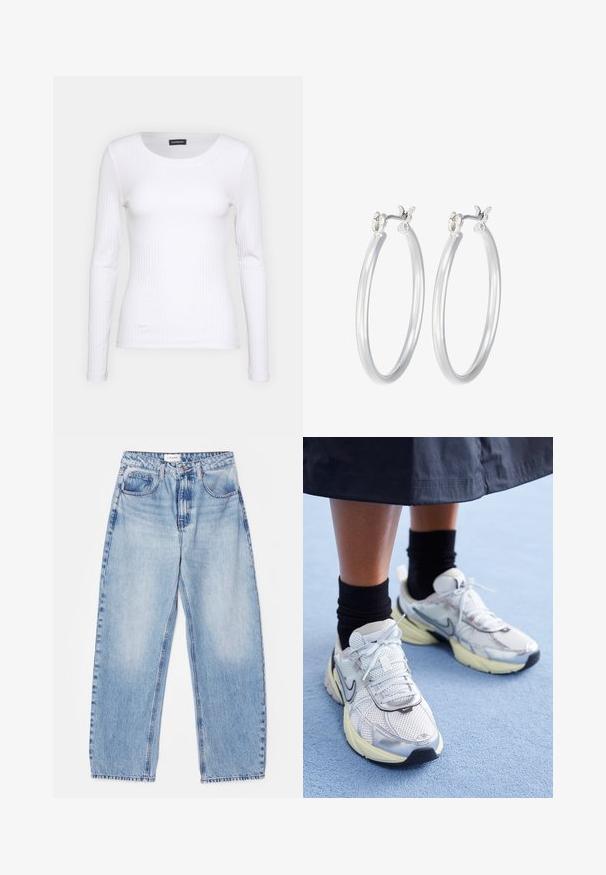 Witte geribbelde langemouwen top met een ronde halslijn. Gemaakt van een rekbare stof die het lichaam volgt. Heeft subtiele horizontale lijnen.; FRAME LONG BARREL - Relaxed fit jeans - light-blue; Witte en zilveren Nike sneakers van meshstof, met reflecterende accenten en een beige zool. Gedragen met zwarte sokken, staand op een blauwe ondergrond.; Zilveren oorbellen in de vorm van een gladde, gepolijste ring. Ronde vorm met een veilige kliksluiting. Lichtgewicht ontwerp, geschikt voor dagelijks gebruik.