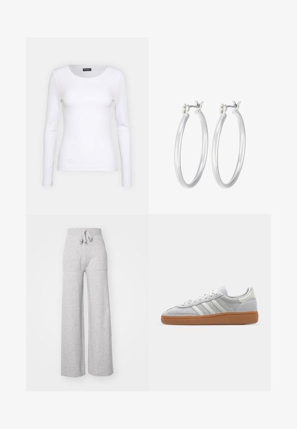Valkoinen raidallinen pitkähihainen paita, jossa on pyöreä pääntie. Valmistettu stretch-kankaasta, joka myötäilee vartaloa. Sisältää hillittyjä vaakasuoria viivoja.; Harmaat hengittävät sweatpantsit, joissa on leveä lahje, pehmeä kangas, joustava vyötärö, kiristysnauha ja kaksi sivutaskua. Tasainen pinta, rento muotoilu.; Vaaleanharmaat mokkanahkakengät, joissa on valkoiset nahkaosat, kolme valkoista raitaa ja ruskea kumipohja, ja joissa on pehmustettu varsi mukavuutta varten.; Hope-silver rengas, joissa on sileä ja kiillotettu pinta. Pyöreä muoto ja turvallinen napsautettava lukitus. Kevyt muotoilu sopii päivittäiseen käyttöön.
