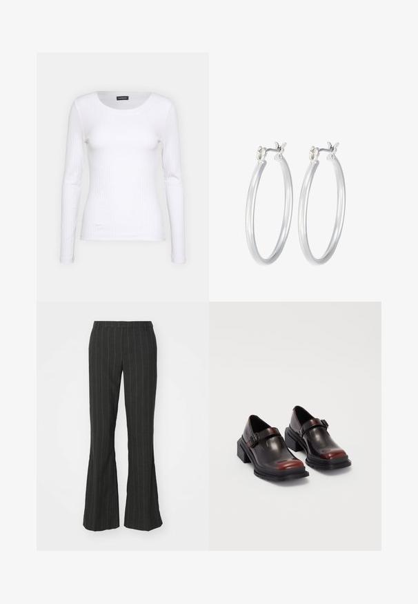 White ribbed long-sleeve top with a round neckline. Made from a stretchy fabric that hugs the body. Features subtle horizontal lines.; Black flared pants with white vertical stripes, featuring a tailored waistband and a smooth, textured fabric.; Leather block-heeled shoes with a shiny dark burgundy finish, featuring a buckle strap and rounded toe design. Textured outsole for grip.; Silver hoop earrings with a smooth, polished finish. Round shape and secure click-top closure. Lightweight design suitable for everyday wear.
