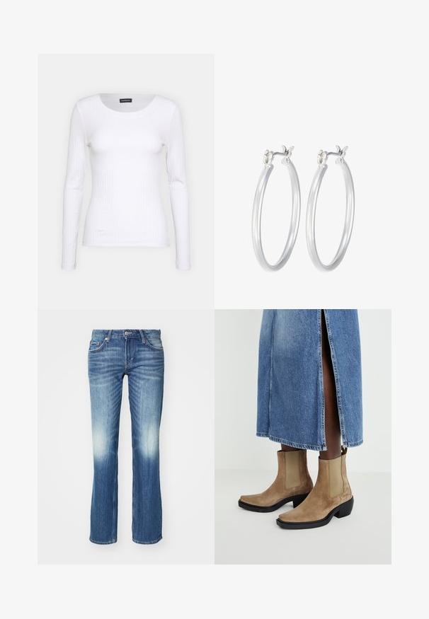 Bílé žebrované tričko s dlouhým rukávem a kulatým výstřihem. Vyrobeno z elastické tkaniny, která obepíná tělo. Obsahuje jemné horizontální pruhy.; Weekday ARROW LOW - Džíny Straight Fit - mine blue; Semišové kotníkové boty v odstínu tan s elastickými postranními panely a černým blokovým podpatkem. Nášlapy s lehce modrou džínovou sukní s postranním rozparkem.; Stříbrné kruhové náušnice s hladkým, lesklým povrchem. Kulatý tvar a bezpečné zapínání na klip. Lehký design vhodný pro každodenní nošení.