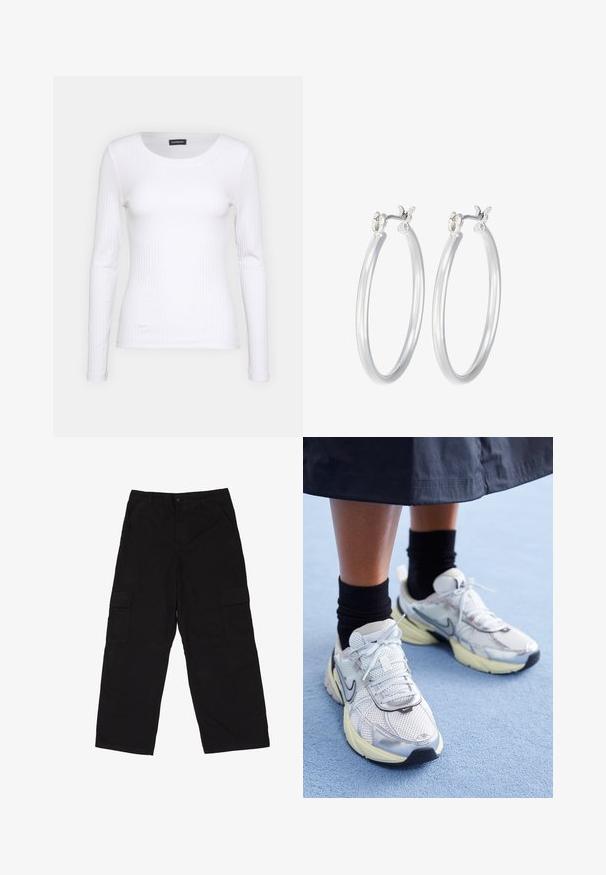 Bílé žebrované tričko s dlouhým rukávem a kulatým výstřihem. Vyrobeno z elastické tkaniny, která obepíná tělo. Obsahuje jemné horizontální pruhy.; Dr.Denim Plus Kapsáče - black; Bílé a stříbrné tenisky Nike z prodyšné tkaniny s reflexními akcenty a béžovou podrážkou. Nosené s černými ponožkami, stojící na modrém povrchu.; Stříbrné kruhové náušnice s hladkým, lesklým povrchem. Kulatý tvar a bezpečné zapínání na klip. Lehký design vhodný pro každodenní nošení.