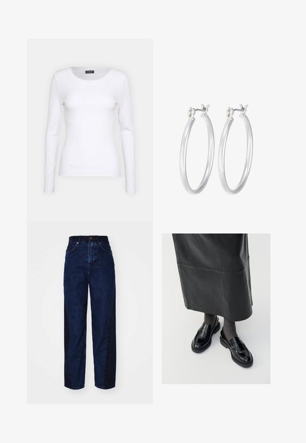 Balts ribots garām piedurknēm krekls ar apaļu kakla izgriezumu. Izgatavots no elastīga auduma, kas pieguļ ķermenim. Iezīmējas ar smalkām horizontālām līnijām.; Tumši zili denim džinsi ar brīvu piegriezumu, ar kontrastējošu tumšāku sānu paneli, piecām kabatām un pogu aizdari.; Melni ādas loafers ar gludu apdari, ar dekoratīvu jostu, apaļu pirkstu un teksturētu zoli. Valkāti ar garu melnu ādas svārku.; Sudraba riņķveida auss gredzeni ar gludu, pulētu apdari. Apaļa forma un drošs klikšķa augšējais slēgums. Viegls dizains, kas piemērots ikdienas valkāšanai.
