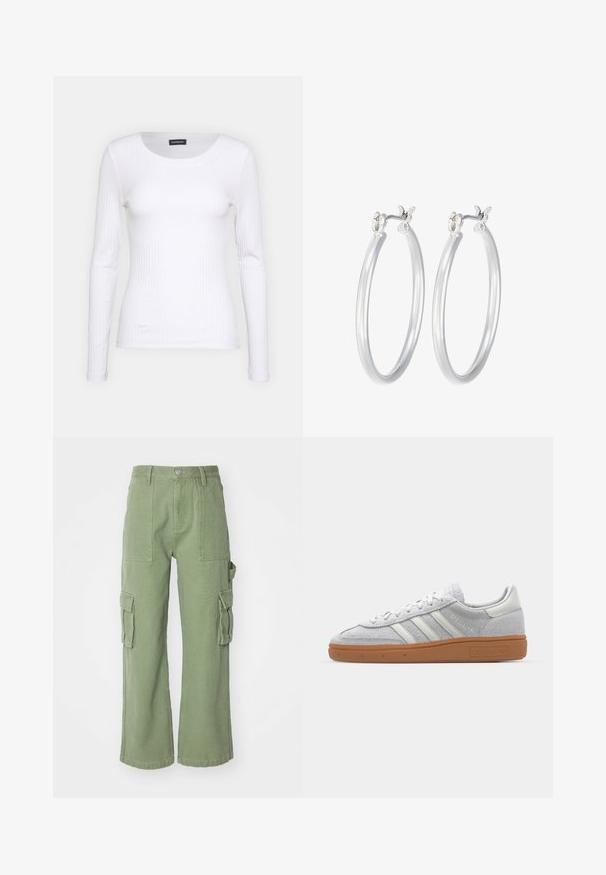 Bela rebrasta majica z dolgimi rokavi in okruglim izrezom. Narejena iz elastičnega materiala, ki se prilega telesu. Značilen je diskreten horizontalni potisk.; Zelene bombažne cargo hlače širokega kroja, ki imajo dve veliki stranski žep in gumbasto zaklepanje v pasu. Teksturirano blago.; Svjetlo sivi suedesni sportski cipeli s bijelim kožnim naglascima, tri bijele pruge i smeđi gumeni potplat, s podstavljenim ovratnikom za udobnost.; Srebrni obroči za ušesa z gladko, polirano površino. Okrogla oblika in varna zaponka s klikom. Lahka zasnova, primerna za vsakodnevno nošenje.