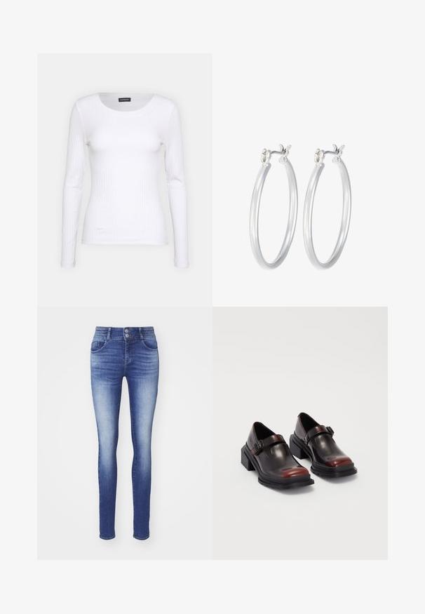 Balts ribots garām piedurknēm krekls ar apaļu kakla izgriezumu. Izgatavots no elastīga auduma, kas pieguļ ķermenim. Iezīmējas ar smalkām horizontālām līnijām.; Tievās bikses tumši zila denima krāsā ar izbalinājušu apdari. Iespējas iekļaut divas priekšējās kabatas, augstu jostasvietu un dubulto pogu aizdari.; Ādas blokveida papēžu kurpes ar spīguļojošu tumši sarkanu apdari, aprīkotas ar sprādzi un noapaļotu purngali. Teksturēts zole labākai saķerei.; Sudraba riņķveida auss gredzeni ar gludu, pulētu apdari. Apaļa forma un drošs klikšķa augšējais slēgums. Viegls dizains, kas piemērots ikdienas valkāšanai.