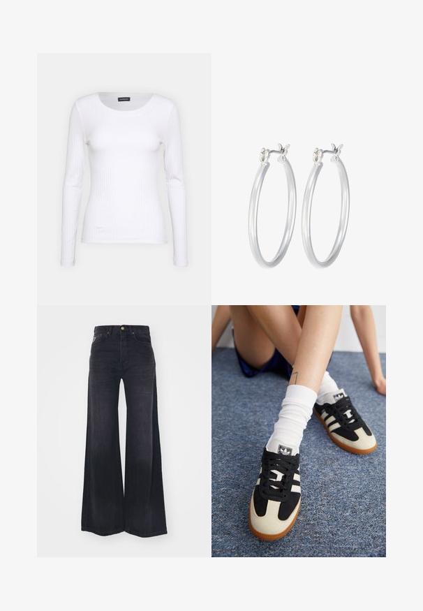 Valkoinen raidallinen pitkähihainen paita, jossa on pyöreä pääntie. Valmistettu stretch-kankaasta, joka myötäilee vartaloa. Sisältää hillittyjä vaakasuoria viivoja.; LOIS Jeans SKATER LOOSE - Leveälahkeiset - black stone; Mustat ja valkoiset urheilukengät, joissa on tekonahka- ja nahkapinta, kolmea valkoista raitaa ja kumipohja. Paria käytetään valkoisten sukkien kanssa.; Hope-silver rengas, joissa on sileä ja kiillotettu pinta. Pyöreä muoto ja turvallinen napsautettava lukitus. Kevyt muotoilu sopii päivittäiseen käyttöön.