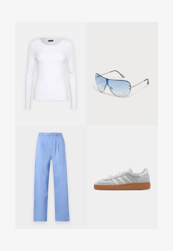 T-shirt à manches longues blanc côtelé avec un col rond. Fabriqué en un tissu extensible qui épouse le corps. Présente de fines lignes horizontales.; Pantalons en lin bleu clair avec une finition plissée à l'avant, taille haute et coupe droite. Présente une fermeture à bouton à la taille.; Baskets en suède gris clair avec des accents en cuir blanc, trois rayures blanches et une semelle en caoutchouc marron, dotées d'un col rembourré pour plus de confort.; Lunettes de soleil aviateur avec des verres dégradés bleus, une monture en métal argenté et des accents décoratifs en forme d'étoile sur les verres. Design lisse et élégant.