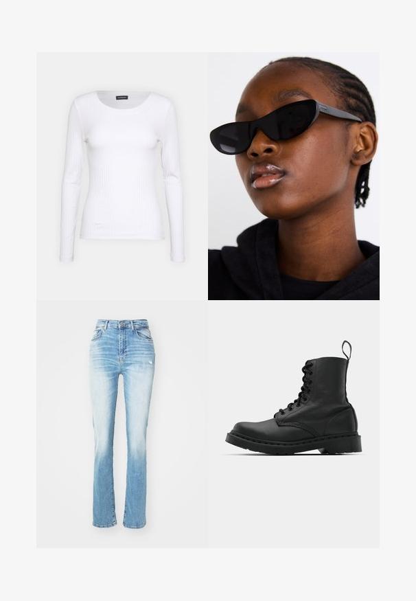 Balts ribots garām piedurknēm krekls ar apaļu kakla izgriezumu. Izgatavots no elastīga auduma, kas pieguļ ķermenim. Iezīmējas ar smalkām horizontālām līnijām.; Gaiši zilas džinsas ar augstu jostasvietu, taisnām kājām, ar smalku izbalēšanu un klasisku piecu kabatu dizainu. Ir redzami nolietojuma akcenti.; Melnas ādas kaujas zābaki ar apaļu purngalu, auklām priekšā un cilpu potītes daļā. Iespējojums ir biezs gumijas zolei, kas nodrošina izturību.; Melnas kaķa acs saulesbrilles ar matētu apdari, kas izceļas ar elegantu dizainu un maigi izliektiem stūriem, fona attēlā ir modelis ar tumšām drēbēm.; Sudraba riņķveida auss gredzeni ar gludu, pulētu apdari. Apaļa forma un drošs klikšķa augšējais slēgums. Viegls dizains, kas piemērots ikdienas valkāšanai.