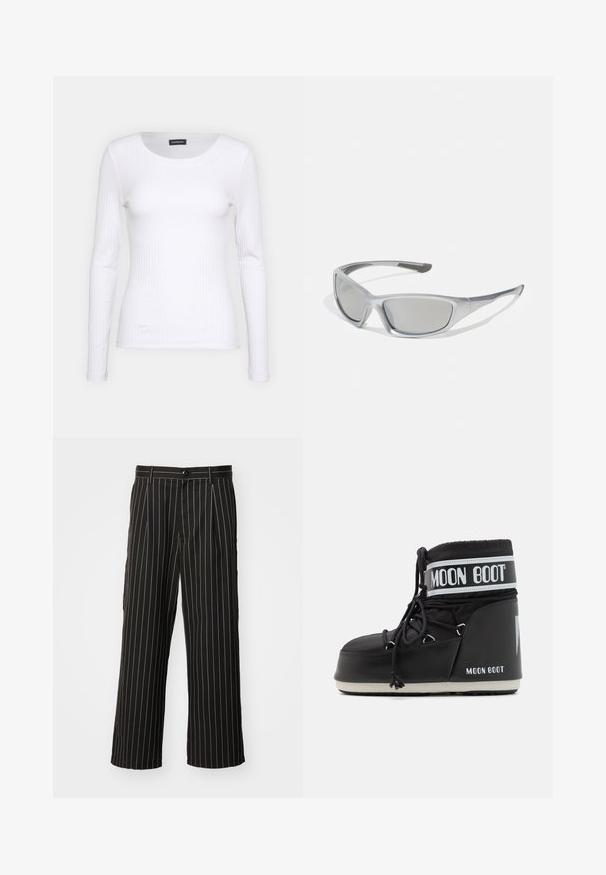 Witte geribbelde langemouwen top met een ronde halslijn. Gemaakt van een rekbare stof die het lichaam volgt. Heeft subtiele horizontale lijnen.; Zwarte wijde broek met een verticale streeppatroon, gemaakt van zachte stof met een knoopsluiting en zijzakken.; Zwarte Moon Boot met een gevoerde bovenkant, bevestigd met veters en een kenmerkende witte band met het logo. Dikke, gestructureerde rubberen zool.; Grijze zonnebril met een slank, lichtgewicht kunststof montuur. Beschikt over getinte grijze lenzen en textuuraccenten aan de zijkanten voor extra grip.