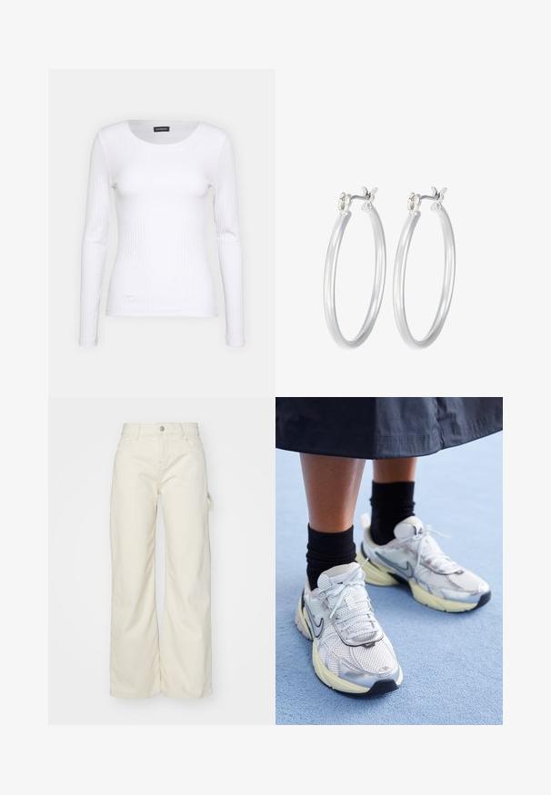 Witte geribbelde langemouwen top met een ronde halslijn. Gemaakt van een rekbare stof die het lichaam volgt. Heeft subtiele horizontale lijnen.; Wijde broek in lichtbeige stof, met een hoge taille, voorzakken en een zijlusdetail voor extra functionaliteit.; Witte en zilveren Nike sneakers van meshstof, met reflecterende accenten en een beige zool. Gedragen met zwarte sokken, staand op een blauwe ondergrond.; Zilveren oorbellen in de vorm van een gladde, gepolijste ring. Ronde vorm met een veilige kliksluiting. Lichtgewicht ontwerp, geschikt voor dagelijks gebruik.