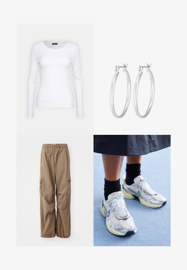 Weißes geripptes Langarmoberteil mit Rundhalsausschnitt. Aus einem dehnbaren Stoff gefertigt, der den Körper umschmeichelt. Verfügt über dezente horizontale Streifen.; New Balance PANT - Cargohose - light mushroom; Weiße und silberne Nike-Sneaker aus Mesh-Gewebe, mit reflektierenden Akzenten und einer beigen Sohle. Getragen mit schwarzen Socken und stehend auf einer blauen Fläche.; Silberne Creolen mit einer glatten, polierten Oberfläche. Runder Form und sicherem Klickverschluss. Leichtes Design, geeignet für den täglichen Gebrauch.