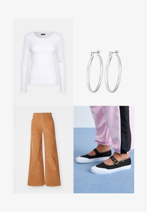 Witte geribbelde langemouwen top met een ronde halslijn. Gemaakt van een rekbare stof die het lichaam volgt. Heeft subtiele horizontale lijnen.; Een warme bruine corduroy broek met brede pijpen, hoge taille, knoopsluiting en twee zijzakken. Zachte textuur en opvallende naaddetails.; Zwarte canvas schoenen met een witte zool, met een uitgesneden ontwerp en een gouden gespband. Draagt met roze joggingsbroek.; Zilveren oorbellen in de vorm van een gladde, gepolijste ring. Ronde vorm met een veilige kliksluiting. Lichtgewicht ontwerp, geschikt voor dagelijks gebruik.
