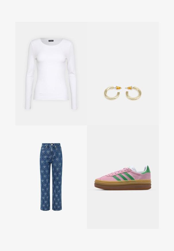 Balta, raukšlėta ilgarankovė palaidinė su apvalia iškirpte. Pagaminta iš elastingos medžiagos, kuri prisitaiko prie kūno. Pasipuošusi subtiliomis horizontaliosiomis linijomis.; Tamsiai mėlyni džinsai su gėlėmis, aukštu liemeniu, tiesios kojelės dizainas, su aukso spalvos detalėmis ir švelniu tekstūru.; Rožinės zomšinės sportbačiai su žaliomis juostelėmis, baltais akcentais ir ruda guma. Yra tekstūruota medžiaga ir logo detalės ant šono.; Aukso spalvos žiedinės auskarai su lygiu, suapvalintu pavidalu ir blizgiu paviršiumi. Nugarinėje pusėje yra oranžinės detalės, užtikrinančios tvirtą užsegimą.