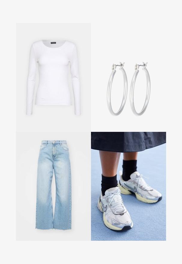 Bela rebrasta majica z dolgimi rokavi in okruglim izrezom. Narejena iz elastičnega materiala, ki se prilega telesu. Značilen je diskreten horizontalni potisk.; Svijetloplave traperice širokog kroja, izrađene od denima, s visokim strukom, detaljima blijeđenja, kopčanjem na gumb i sirovim rubom na dnu.; Bele in srebrne Nike teniske z mrežasto tkanino, refleksnimi poudarki in bež podplatom. Nosi se z črnimi nogavicami, stoji na modri površini.; Srebrni obroči za ušesa z gladko, polirano površino. Okrogla oblika in varna zaponka s klikom. Lahka zasnova, primerna za vsakodnevno nošenje.