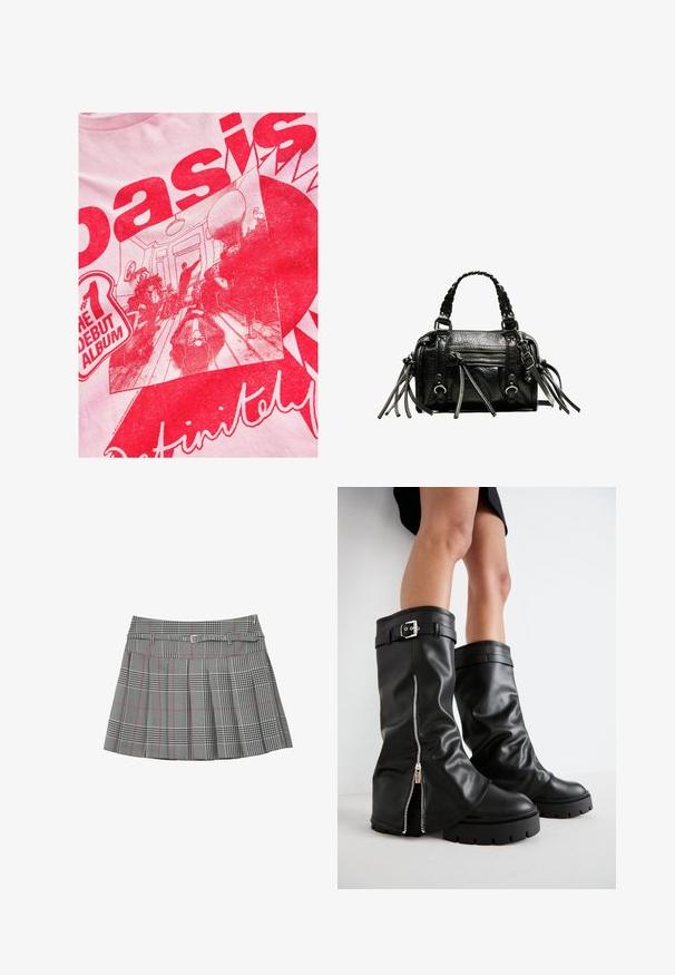 Hellrosa T-Shirt mit kräftigem rotem Grafikdruck, darauf Text und eine illustrierte Szene von Personen in einem Raum mit Möbeln und dekorativen Details.; Grauer Karorock mit rosa Akzenten, plissiertem Design, einem Bund mit Gürtelschlaufen und einem silbernen Schnallenverschluss an der Vorderseite.; Schwarze Lederstiefel bis zum Knie mit weiter Schaftweite, seitlichem Reißverschluss und Schnallenakzent, strukturierter Oberfläche und robuster Gummisohle.; Schwarze Lederhandtasche mit geflochtenen Tragegriffen, texturiertem Oberflächen, einem Reißverschluss-Frontfach und dekorativen Fransenakzenten. Kompakte und strukturierte Form.