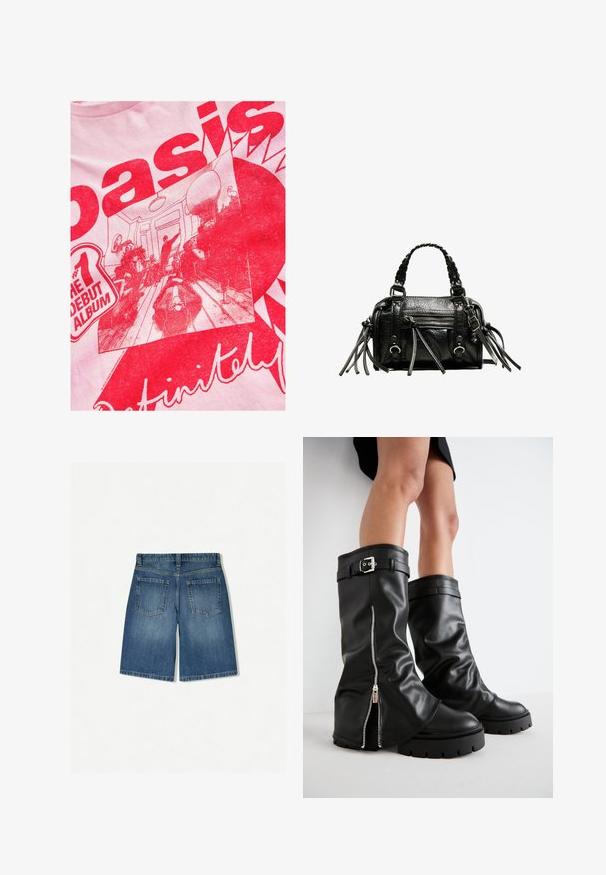 Vaaleanpunainen t-paita, jossa on rohkea punainen graafinen kuva, jossa on teksti sekä kuvasto ihmisistä huoneessa kalusteiden ja sisustustyylien yksityiskohtineen.; Farkkushortsit keskisinisessä värissä, rento malli, jossa on kaksi takataskua ja siisti, suora helma. Klassinen viiden taskun muotoilu.; Musta nahkainen polvipitkä saappaat, joissa on leveä varsi, sivuzip, solkiyksityiskohta, teksturoidu pinta ja paksu kumipohja.; Musta nahkalaukku, jossa on punotut kahvat, teksturoitu pinta, vetoketjullinen etutasku ja koristeelliset fringes-akoristeet. Kompakti ja jämäkkä muoto.