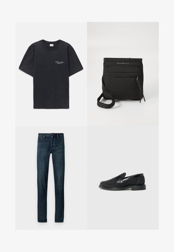Črna majica s kratkimi rokavi in okroglo ovratnikom, z majhnim belim logotipom "Filling Pieces" na levi strani prsnega dela.; Temno modri jeans z ožjim krojem, z zasnovo petih žepov, kovinsko zapiranje na gumb in rahlo zbledelimi detajli vzdolž nog.; Črne pletene zavezane čevlje s gladkim usnjenim poudarkom na zgornjem delu, okroglo zasnovo nosu in nizkoprofilsko gumijasto podplat.; Črna torba Emporio Armani s prečko čez telo, sprednjim žepom z zadrgo, nastavljivim trakom in detajlom logotipa na strukturirani tkanini.