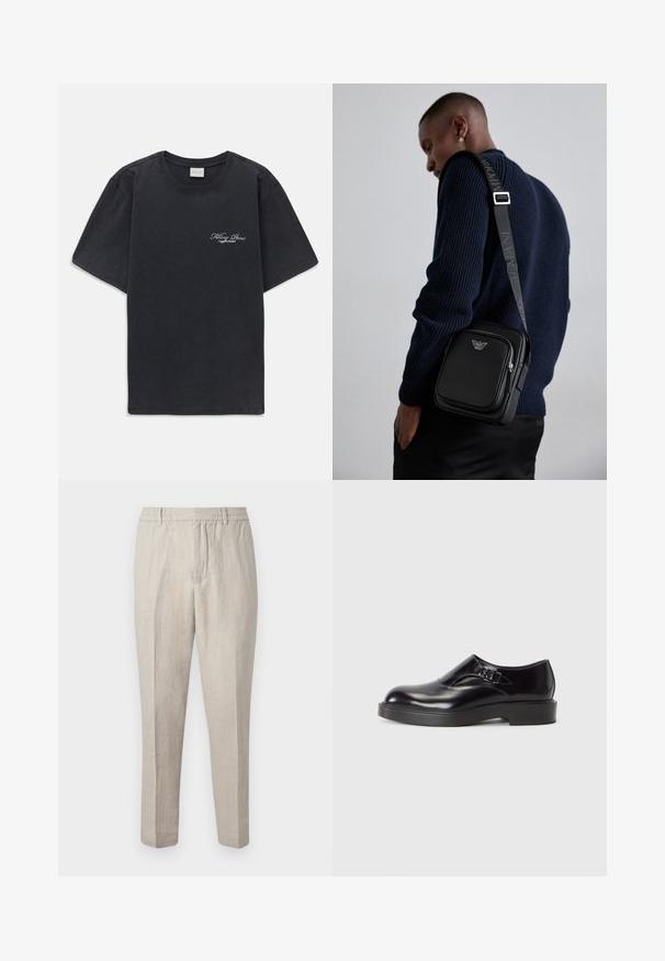 Must have lühikesed varrukad ümmarguse kaelusega must T-särk, millel vasakul rinnal on väike valge "Filling Pieces" teksti logo.; Heledbeez värvi linased püksid, millel on mugav lõige, nööriga vöökoht, kitsenevad sääred ja õrn tekstuur kangas.; Must mustus jalanõud ümarate varvastega, madala musta kandiga jaDekoratiivse rihmaga. Sile tekstuur läikiva viimistlusega.; Must mustast nahkrist kotti, millel on lukkudega sektsioon, logo detail ja bränditud reguleeritav rihm. Kanda tekstuurse tumesinise sviitri vastu.