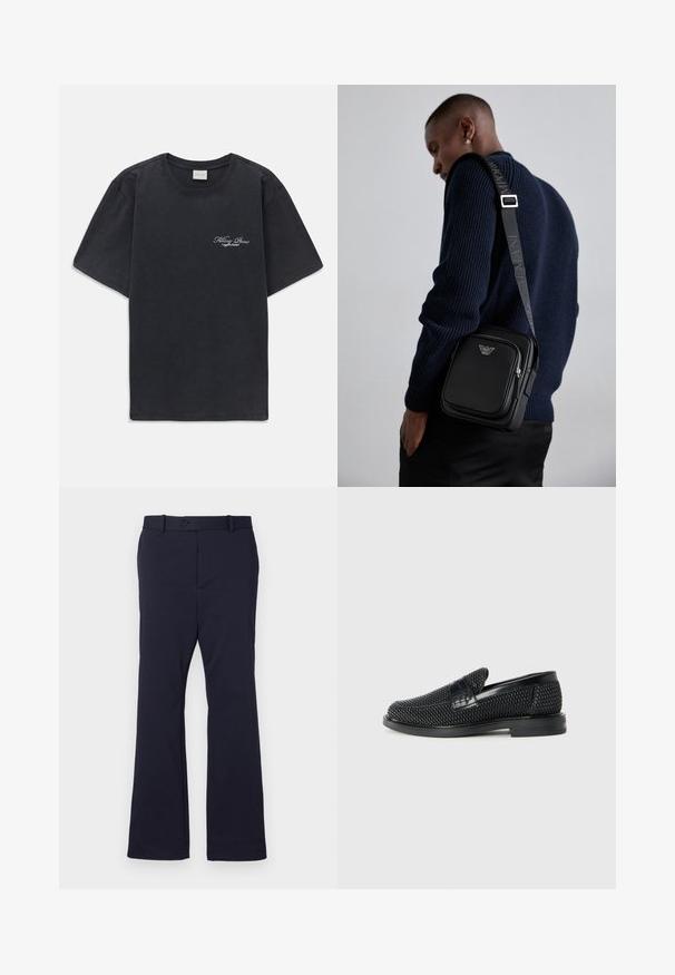 Schwarzes T-Shirt mit kurzen Ärmeln und Rundhalsausschnitt, mit kleinem weißen "Filling Pieces"-Textlogo auf der linken Brust.; Marineblaue Hose aus glattem Stoff mit geradem Bein, Fronttaschen und einem einzigen Knopfverschluss an der Taille.; Schwarzer geflochtener Slipper mit einem glatten Lederakzent im Obermaterial, einem runden Zehendesign und einer flachen Gummisohle.; Schwarze Leder-crossbody-Tasche mit einem Reißverschlussfach, Logo-Detail und einem verstellbaren, gebrandeten Gurt. Getragen zu einem strukturierten marineblauen Pullover.