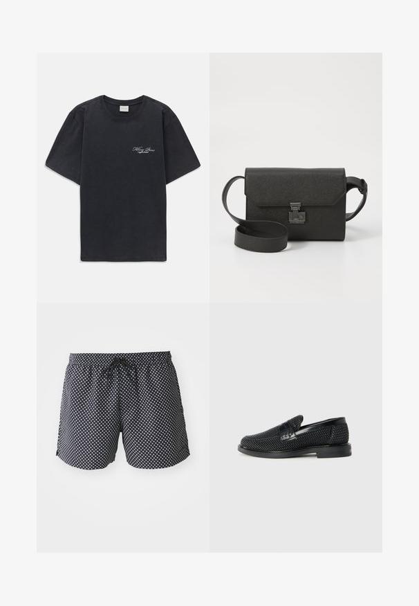 Fekete, rövid ujjú, kerek nyakú póló, bal mellen kis fehér "Filling Pieces" szöveges logóval.; Fekete fürdőnadrág fehér kör alakú mintával, rugalmas derékrésszel és húzózsinórral, valamint laza szabással a kényelem érdekében.; Fekete szőtt slip-on cipő sima bőr díszítéssel a felsőrészen, kerek orral és alacsony profilos gumitalppal.; Fekete bőr keresztpántos táska struktúrált felülettel, fedélzáras, fém kiegészítőkkel és hozzáillő állítható pánttal.