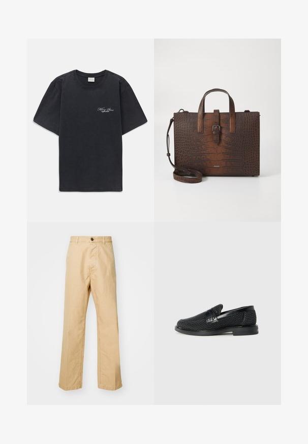 Must have lühikesed varrukad ümmarguse kaelusega must T-särk, millel vasakul rinnal on väike valge "Filling Pieces" teksti logo.; Kahvat chinos sirge lõikega, valmistatud puuvillakangast, ees nupuga sulgemine ja vööloopidega. Sile tekstuur, ilma mustrita.; Must musta kootud slip-on king, millel on pehme nahast accent ülaserval, ümmargune varvas ja madal profiiliga kummitald.; Pruun krokodillimustriga nahk käekott, millel on ülemised käepidemed ja eemaldatav õlavarrepant. Omab klambri sulgemist ja ristkülikukujulist vormi.