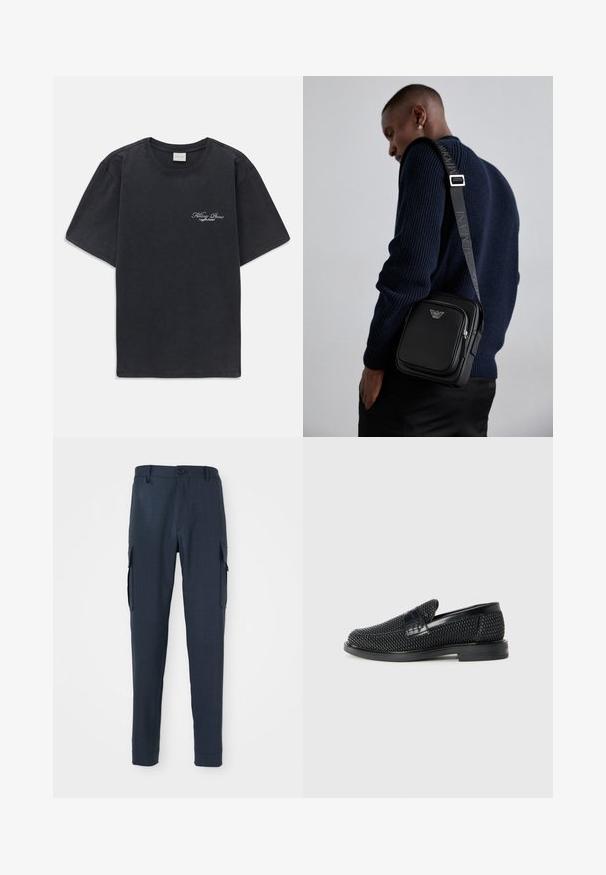 Čierne tričko s krátkym rukávom a okrúhlym výstrihom s malým bielym textovým logom "Filling Pieces" na ľavej hrudi.; Námornícke cargo nohavice s textúrovanou tkaninou, slim fit, gombíkovým zapínaním v páse a postrannými vreckami pre zvýšenú funkčnosť.; Čierne tkané slip-on topánky s hladkým koženým akcentom na vrchnej časti, s okrúlym dizajnom špičky a nízkoprofilovou gumovou podrážkou.; Čierna kožená kabelka cez telo s uzatvárateľnou priehradkou, detailom loga a nastaviteľným popruhom s nápisom značky. Nosená proti textúrovanej námorníckej svetri.