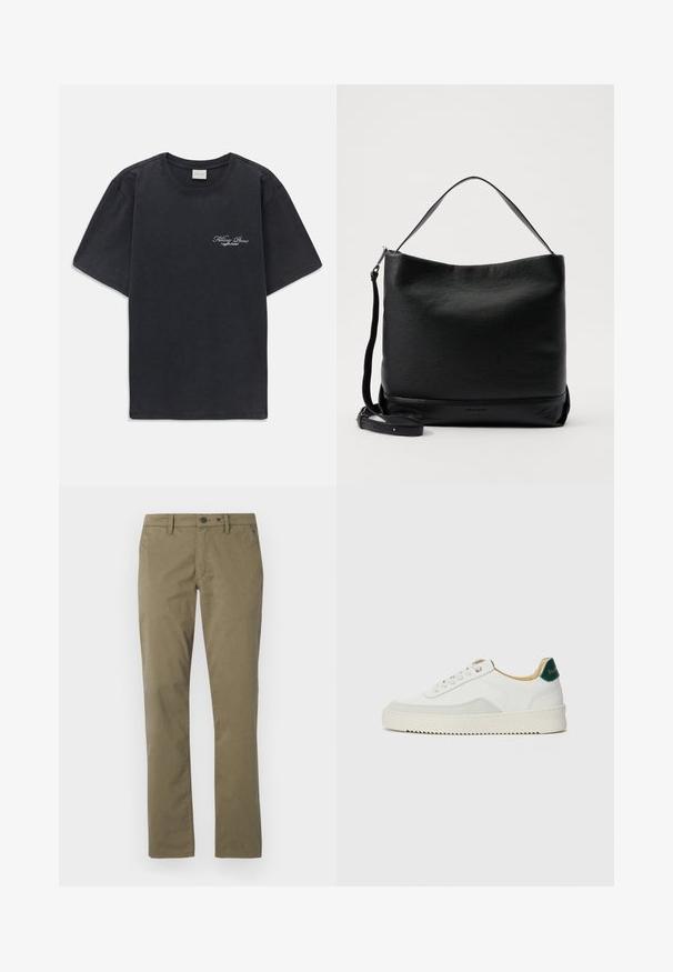 Crna majica kratkih rukava s okruglim izrezom s malim bijelim logotipom "Filling Pieces" na lijevoj strani prsnog koša.; Khaaki hlače od pamuka, s ravnim nogavicama, dva prednja džepa i kopčanjem na dugme i patentni zatvarač.; Bijele tenisice s akcentima od antilopa, zaobljenim vrhom, ravnim vezicama i krem gumenim potplatom. Imaju zelenu oznaku na peti.; Crna kožna torba preko ramena s teksturiranim završetkom, zakrivljenim vrhom i odvojivim remenom. Ima jednostavan dizajn s minimalnim hardverom.